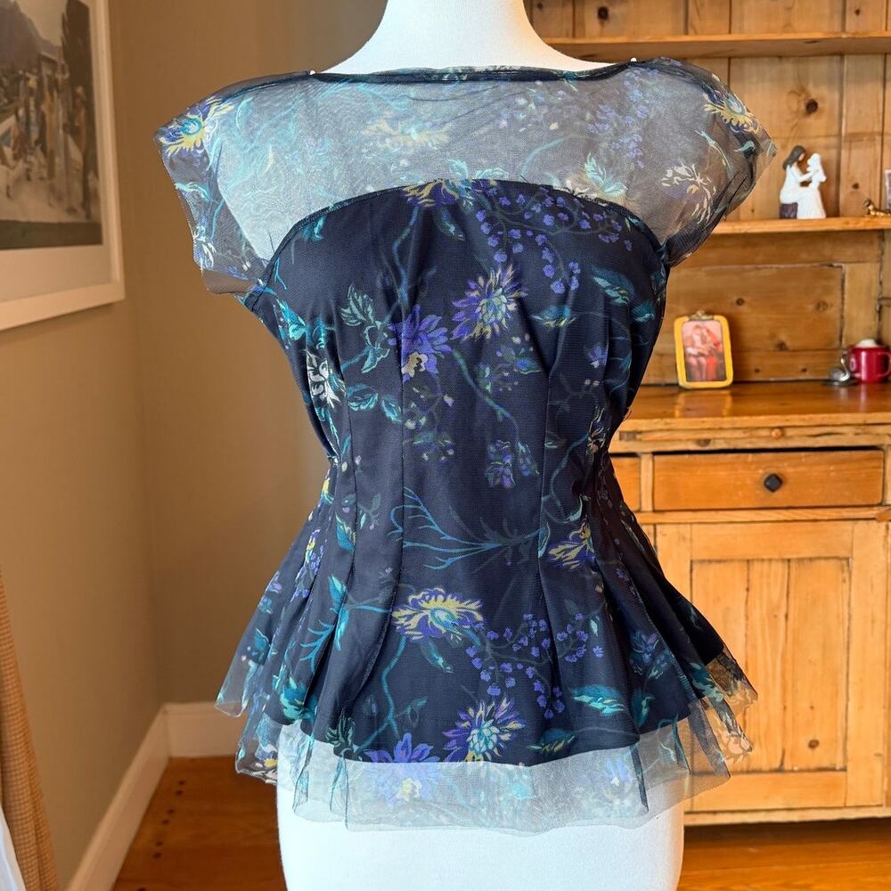 Broadway38 Black Floral Mesh Peplum Blouse Romantic Sheer Top NWT M